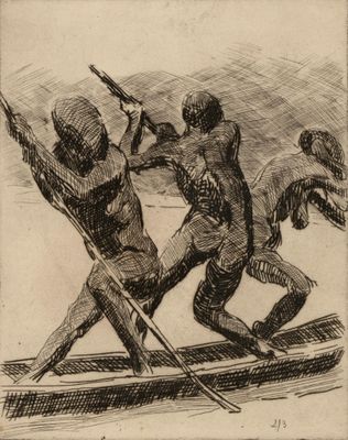 dessin représentant deux hommes dans un bateau, munis de pagaies et de perches