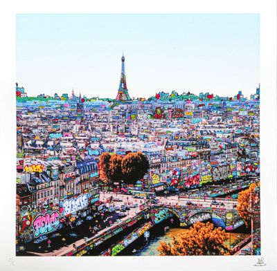 une image représentant un tableau d'une ville avec une tour en arrière-plan