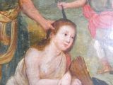un tableau représentant une femme en train de couper les cheveux d'une autre femme