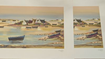 two pictures of boats in the water on the beach