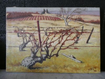 painting of a painting of a vineyard with a fence in the foreground