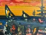 a painting of a motorcycle parked in front of a sunset