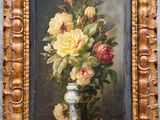 une peinture de roses dans un vase sur une table