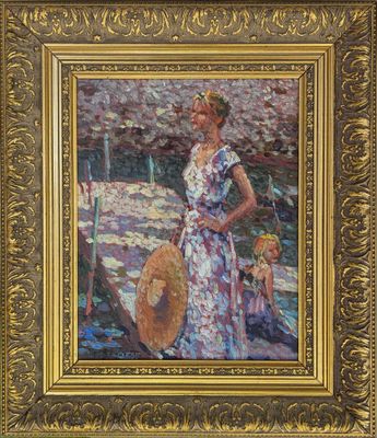 une peinture à l'huile représentant une femme en robe tenant une ombrelle