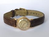 une photo d'une montre-bracelet en or avec un bracelet en cuir marron