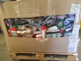 a cardboard box full of food sitting on top of a pallet