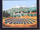 a painting of a lavender field with a mountain in the background