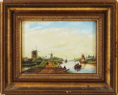 un tableau représentant une scène fluviale avec des bateaux et des moulins à vent au loin
