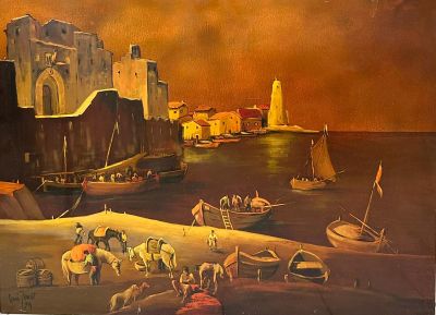 René JOURET (1911-2001), Vue de Collioure Panneau en laque s…