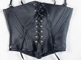 black leather corset with laces on a white background