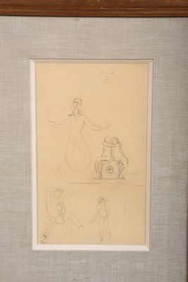 dessin représentant une femme et un enfant dans une calèche, tirée par un homme