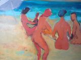 tableau représentant trois nus sur la plage, avec un parasol en arrière-plan