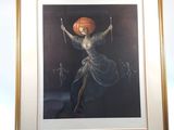 painting of a woman with a pumpkin on her head on a easel
