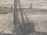 a drawing of a boat in the water with a man on it