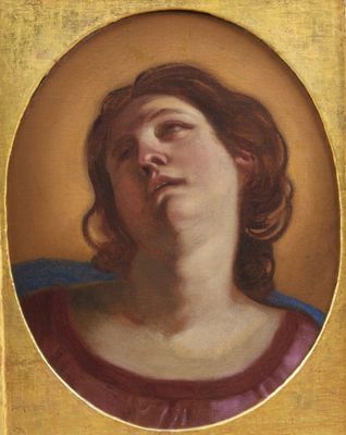 painting of a woman in a red dress with her eyes closed