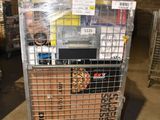 a metal cart with a bunch of items in it