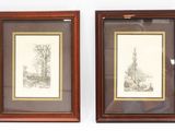 two framed drawings of trees and bushes in a wooden frame