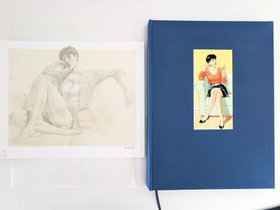 a blue book with a drawing of a woman and a drawing of a man on it