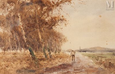 un tableau représentant un homme marchant sur un chemin de terre