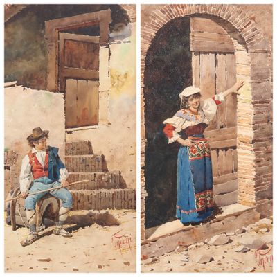 deux tableaux représentant une femme en robe bleue et un homme en chemise rouge