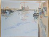 a painting of a harbor scene with boats on the water