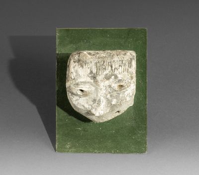 a stone head with a face on a green surface