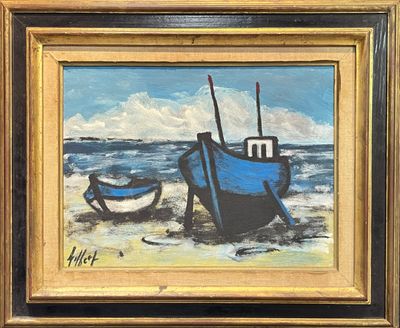 une peinture d'un bateau sur la plage au bord de l'eau