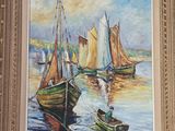 painting of sailboats in the water with a sky background