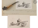 un vieux dessin représentant une pipe et un dessin représentant un homme avec une pipe