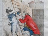 a drawing of a man helping another man up a ladder