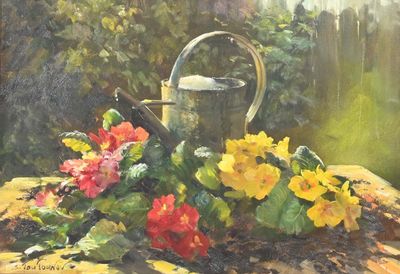 a painting of a watering can and flowers on a table