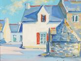 tableau représentant une maison blanche aux volets rouges
