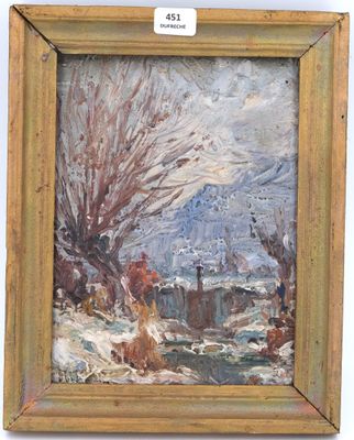 une peinture à l'huile représentant un paysage enneigé avec des arbres au premier plan