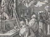 an image of a drawing of a group of people standing around a man on a ladder