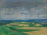 une peinture à l'huile représentant un champ vert avec des collines et des nuages en arrière-plan