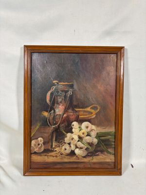 une peinture à l'huile représentant une nature morte avec un pichet et un bouquet de fleurs