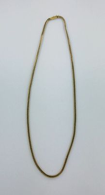 un collier en or avec une longue chaîne sur fond blanc