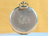 a silver pocket watch sitting on top of a tree stump
