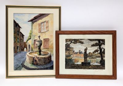painting of a fountain and a picture of a building