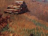 an oil painting of a landscape with a tree stump in the foreground and a field of grass in the foreground