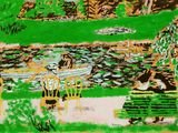 a painting of two people sitting on a bench in a park