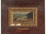 une peinture à l'huile représentant une scène de plage avec des rochers et un plan d'eau
