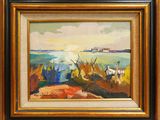 une peinture à l'huile représentant un paysage avec un bateau au loin