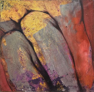 abstract painting of a bird on a yellow and purple background