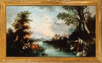 une image représentant un tableau représentant une scène fluviale avec un homme à cheval et un homme à cheval
