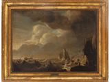 a painting of ships in rough water with a cloudy sky above