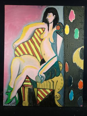 une peinture représentant une femme assise sur une chaise