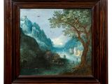 a painting of a river scene with a castle in the distance