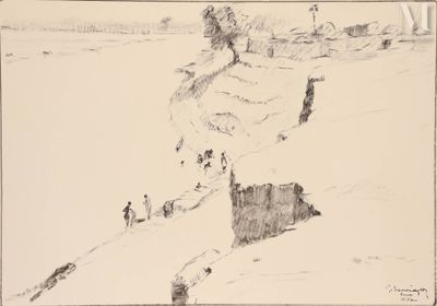 dessin représentant un groupe de personnes marchant sur une plage au bord d'un plan d'eau