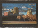 painting of a painting of a view of a city from a park